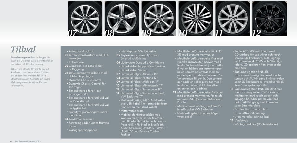 Avtagbar dragkrok 01 Bi-xenonstrålkastare med LEDvarselljus CD-växlare 02 Climatronic, 2-zons klimatanläggning 03 DSG, automatväxellåda med dubbla kopplingar Dynamic Chassis Control Dynamic Chassis