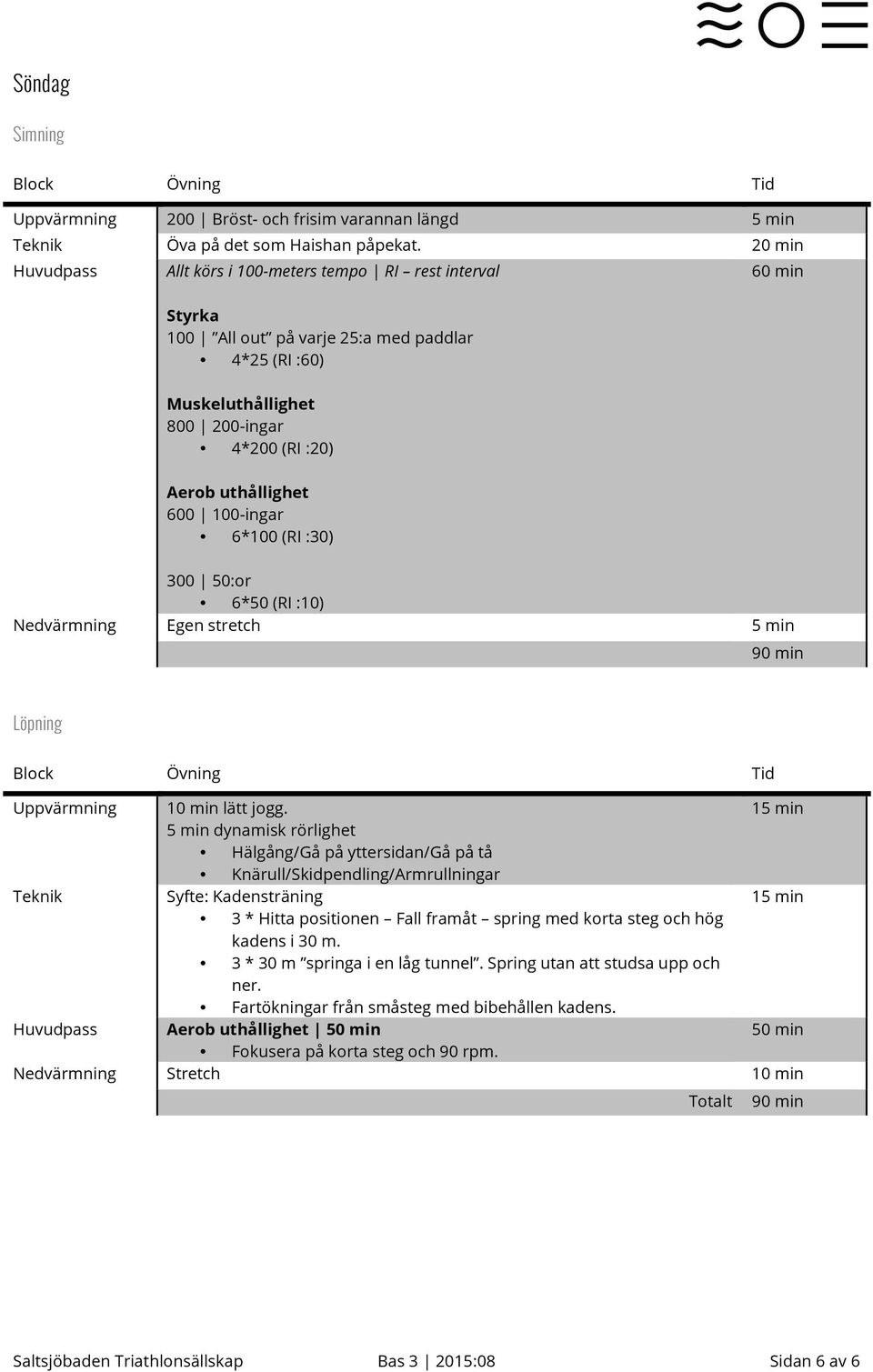 (RI :30) 300 50:or 6*50 (RI :10) Nedvärmning Egen stretch 5 min 90 min Löpning Uppvärmning 10 min lätt jogg.