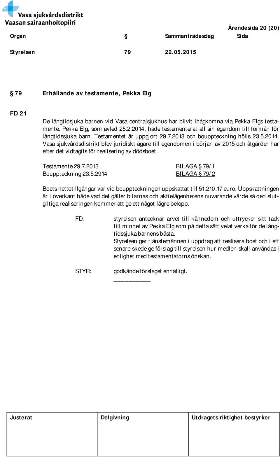 Testamente 29.7.2013 BILAGA 79/1 Bouppteckning 23.5.2914 BILAGA 79/2 Boets nettotillgångar var vid bouppteckningen uppskattat till 51.210,17 euro.