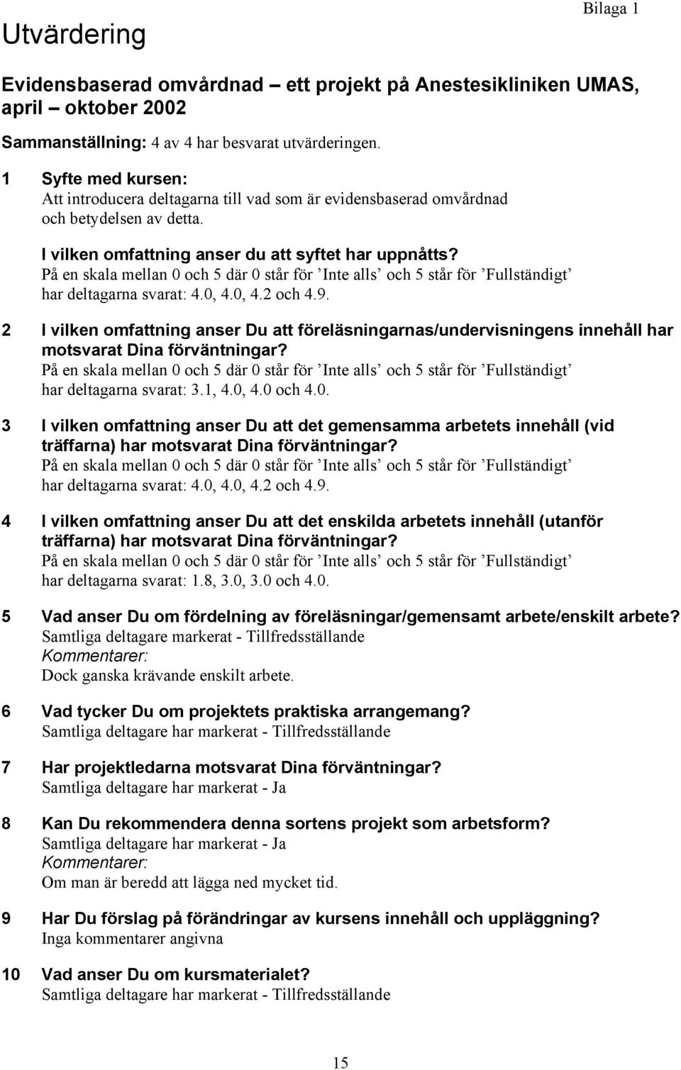 0, 4.2 och 4.9. 2 I vilken omfattning anser Du att föreläsningarnas/undervisningens innehåll har motsvarat Dina förväntningar? har deltagarna svarat: 3.1, 4.0, 4.0 och 4.0. 3 I vilken omfattning anser Du att det gemensamma arbetets innehåll (vid träffarna) har motsvarat Dina förväntningar?