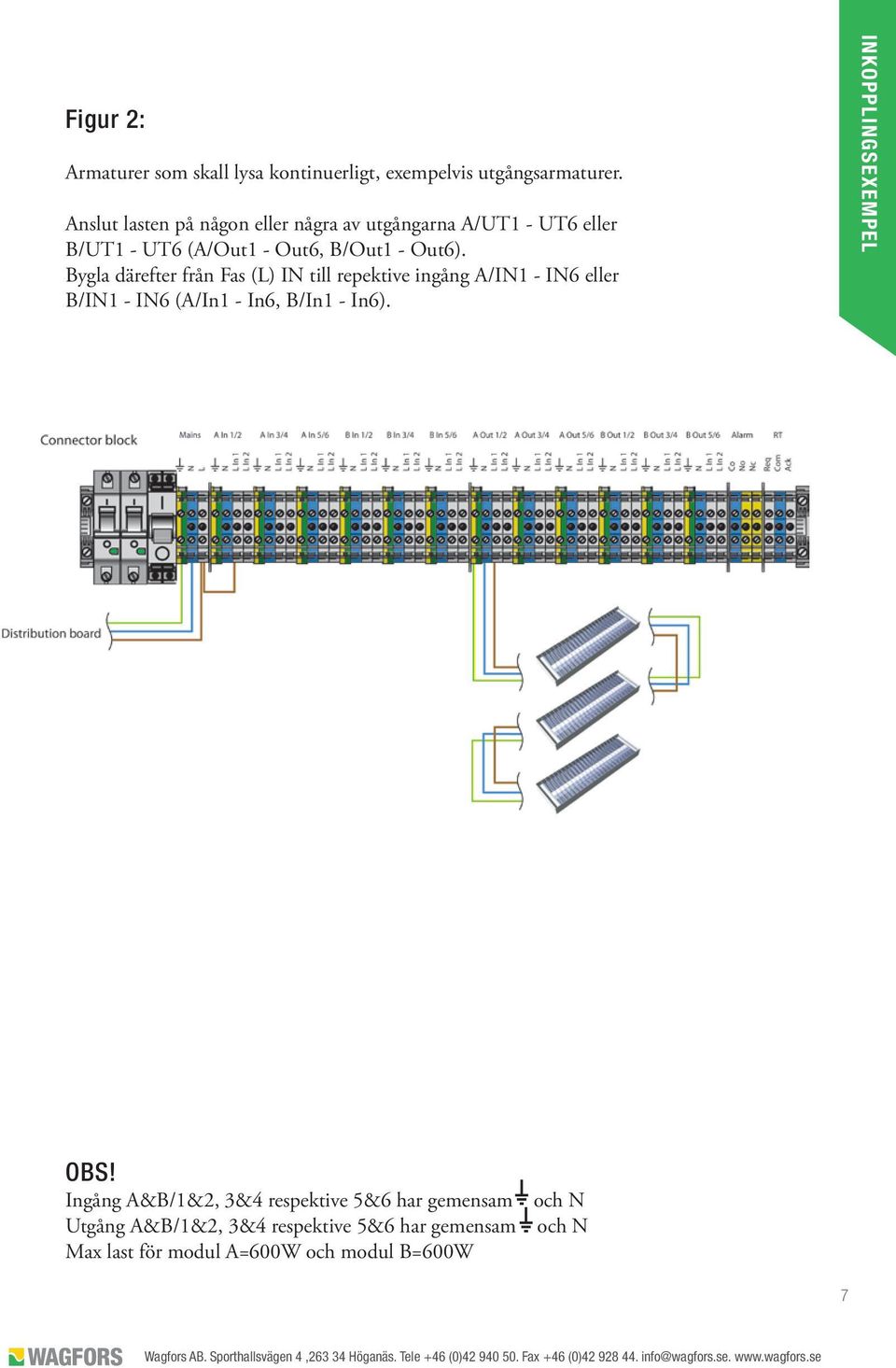 Bygla därefter från Fas (L) IN till repektive ingång A/IN1 - IN6 eller B/IN1 - IN6 (A/In1 - In6, B/In1 - In6).