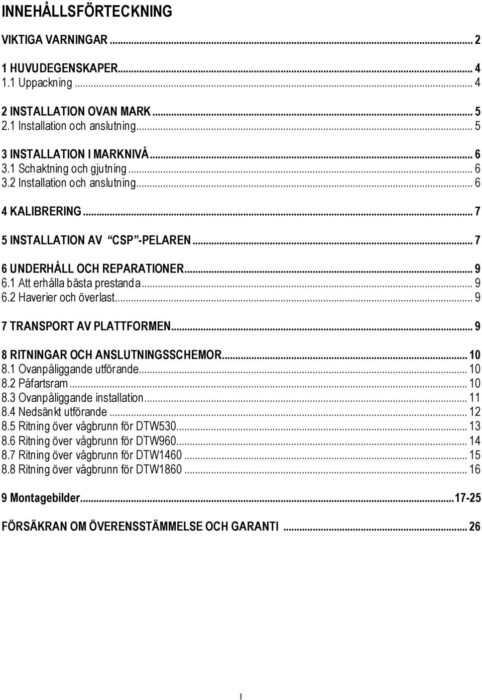 .. 9 7 TRANSPORT AV PLATTFORMEN... 9 8 RITNINGAR OCH ANSLUTNINGSSCHEMOR... 10 8.1 Ovanpåliggande utförande... 10 8.2 Påfartsram... 10 8.3 Ovanpåliggande installation... 11 8.4 Nedsänkt utförande.