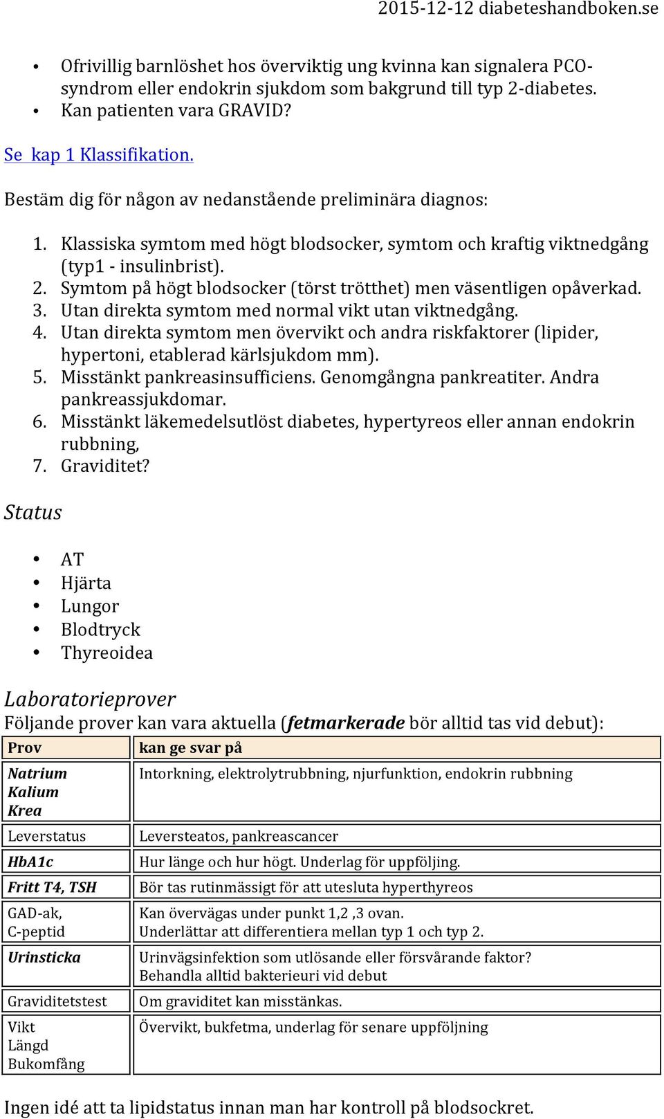 Symtom på högt blodsocker (törst trötthet) men väsentligen opåverkad. 3. Utan direkta symtom med normal vikt utan viktnedgång. 4.