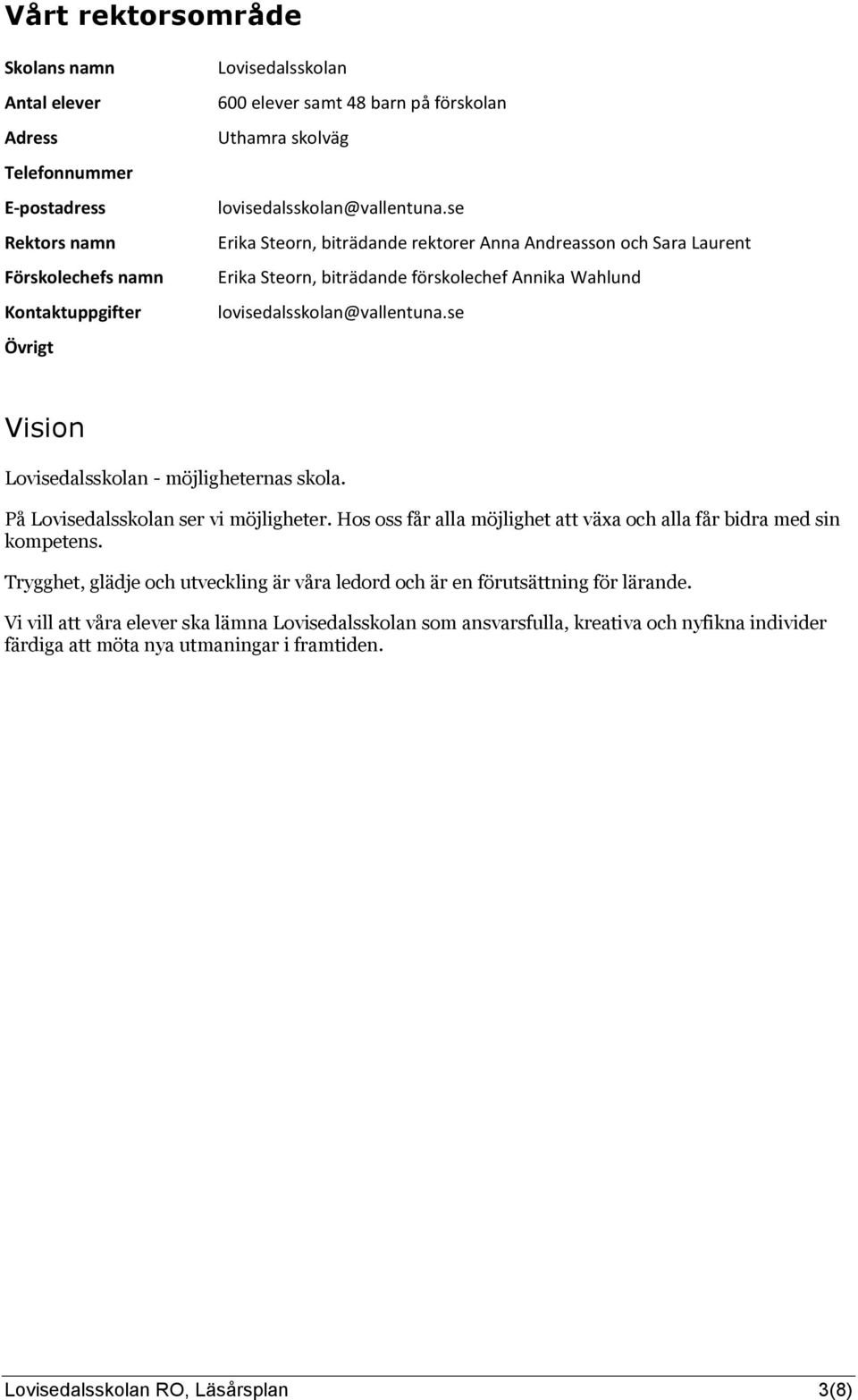 se Vision Lovisedalsskolan - möjligheternas skola. På Lovisedalsskolan ser vi möjligheter. Hos oss får alla möjlighet att växa och alla får bidra med sin kompetens.