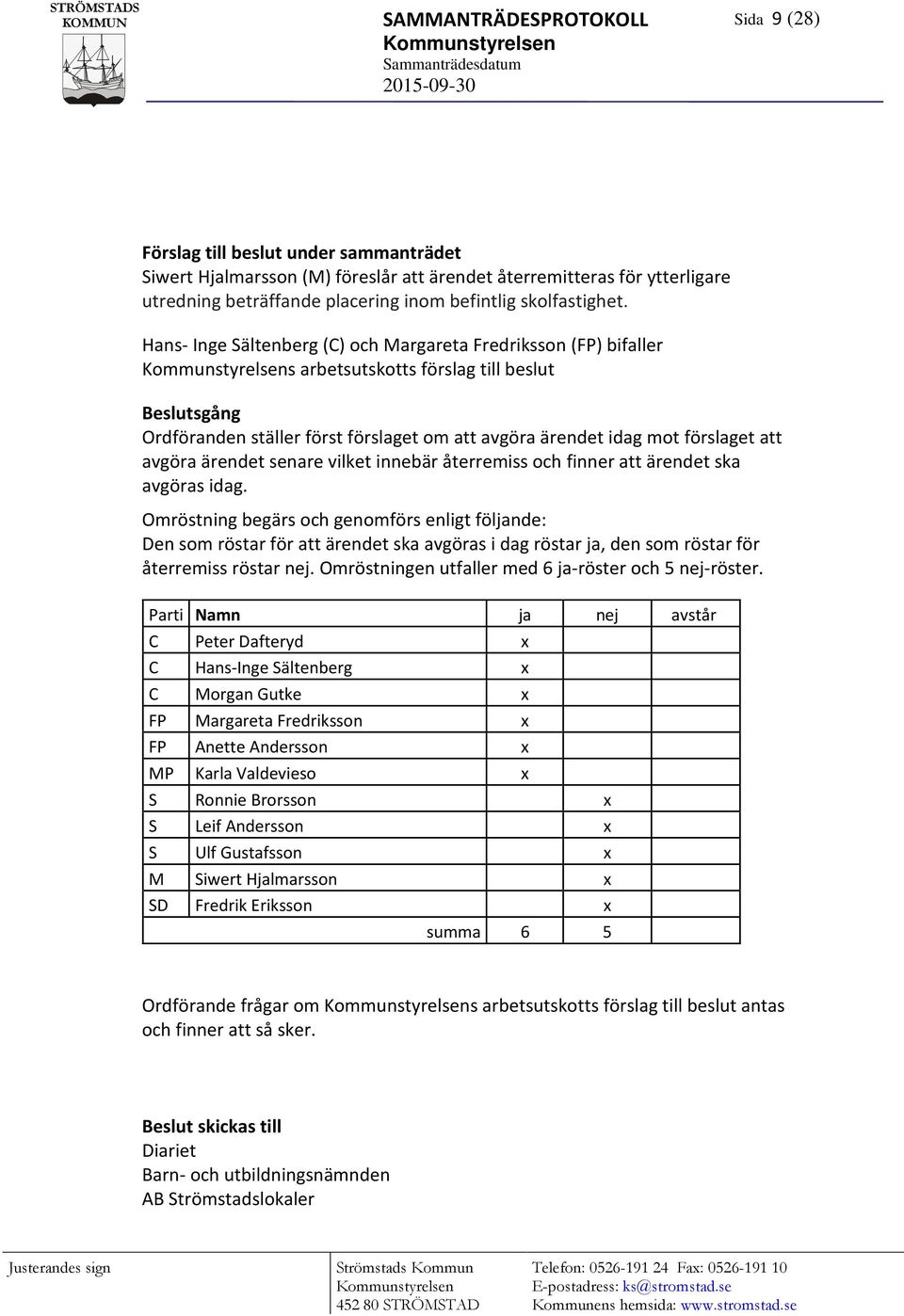 Hans- Inge Sältenberg (C) och Margareta Fredriksson (FP) bifaller s arbetsutskotts förslag till beslut Beslutsgång Ordföranden ställer först förslaget om att avgöra ärendet idag mot förslaget att