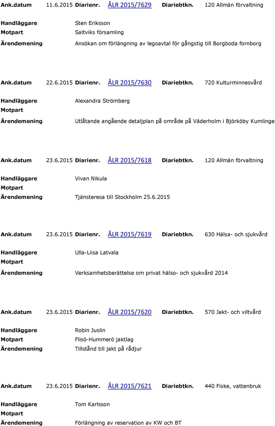 120 Allmän förvaltning Vivan Nikula Tjänsteresa till Stockholm 25.6.2015 Ank.datum 23.6.2015 Diarienr. ÅLR 2015/7619 Diariebtkn.