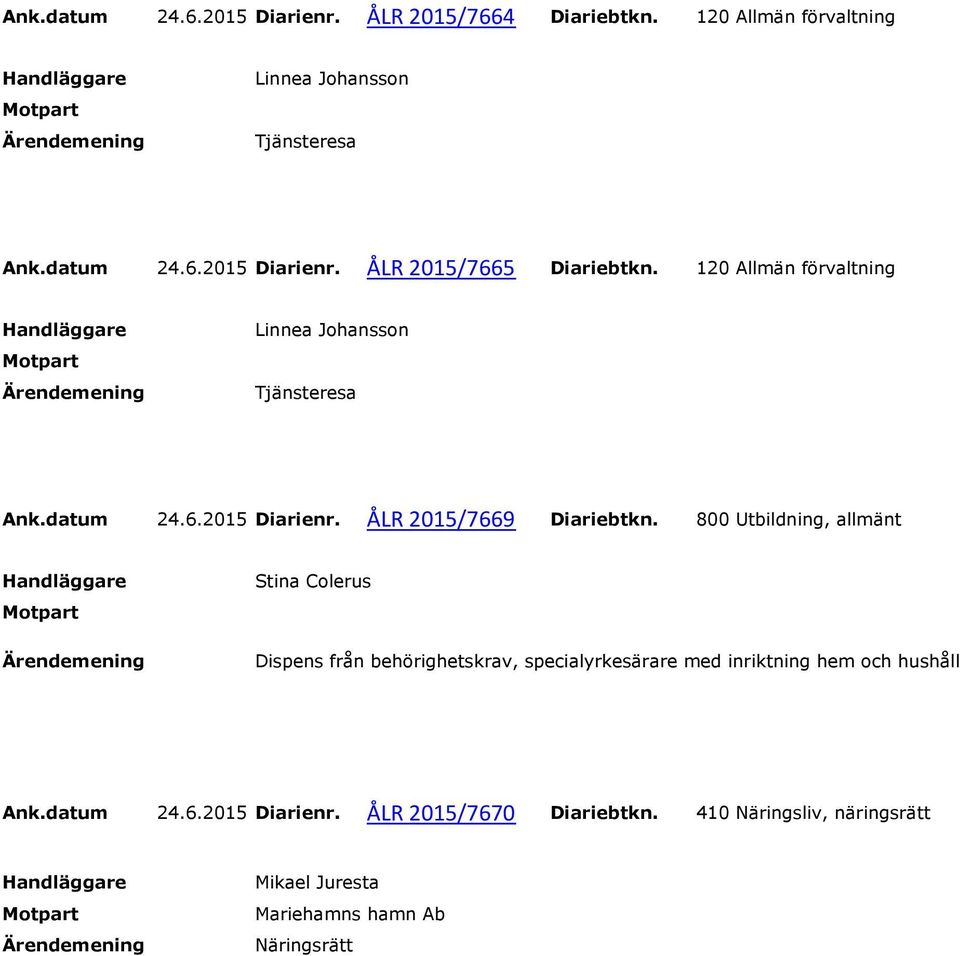 800 Utbildning, allmänt Stina Colerus Dispens från behörighetskrav, specialyrkesärare med inriktning hem och hushåll Ank.