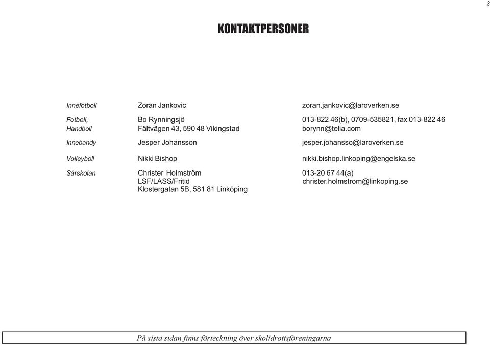 com Innebandy Jesper Johansson jesper.johansso@laroverken.se Volleyboll Nikki Bishop nikki.bishop.linkoping@engelska.