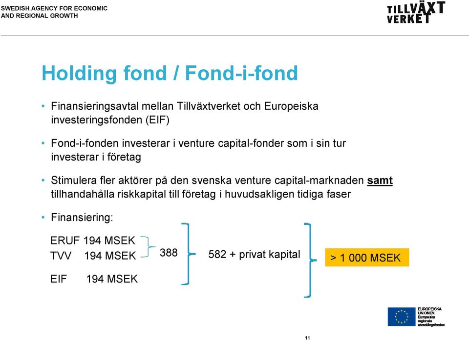 aktörer på den svenska venture capital-marknaden samt tillhandahålla riskkapital till företag i