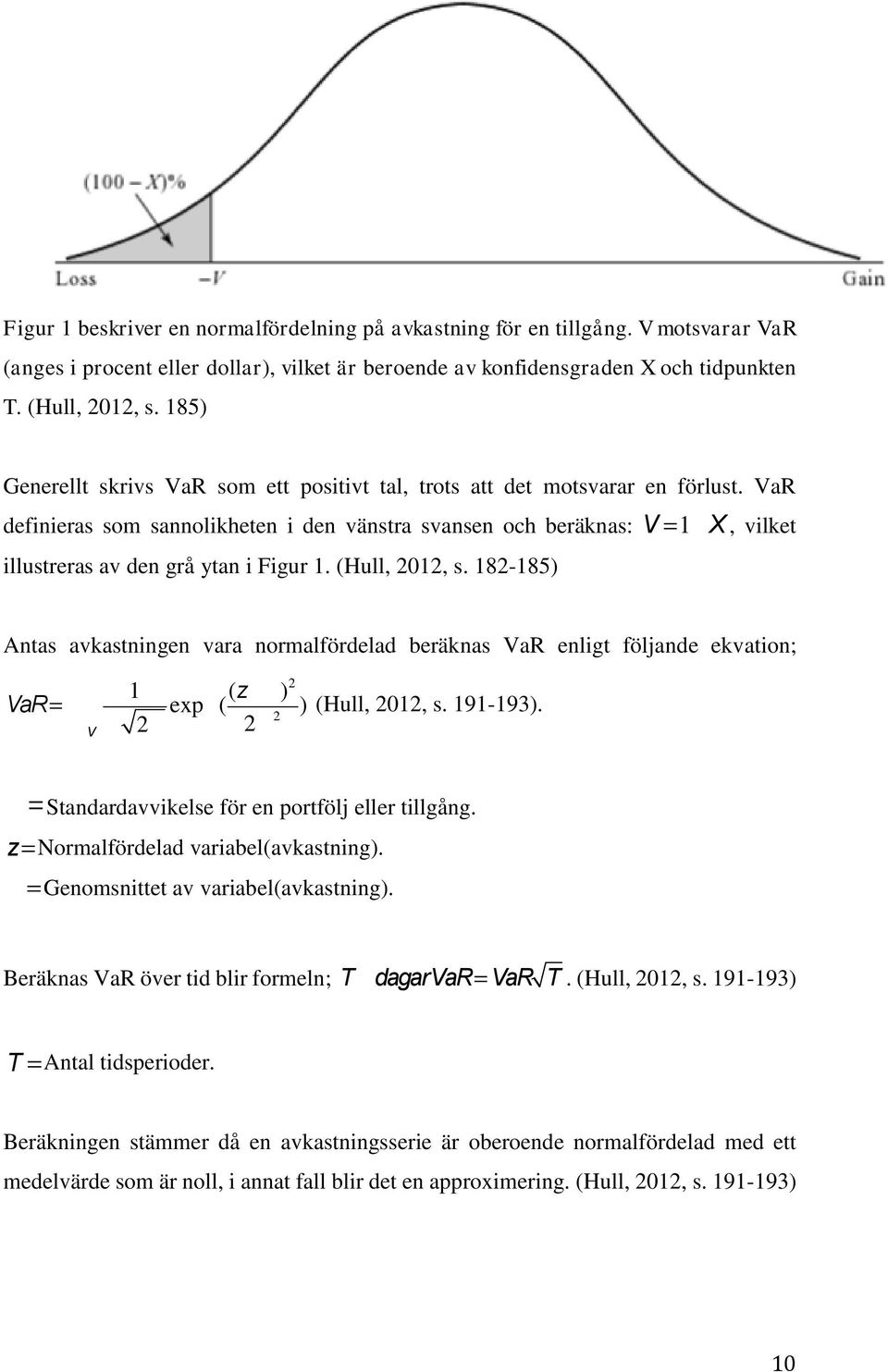 (Hull, 2012, s. 182-185) V =1- X, vilket Antas avkastningen vara normalfördelad beräknas VaR enligt följande ekvation; VaR= s ò V 1 m)2 exp-((z- ) s 2p 2s 2 (Hull, 2012, s. 191-193).