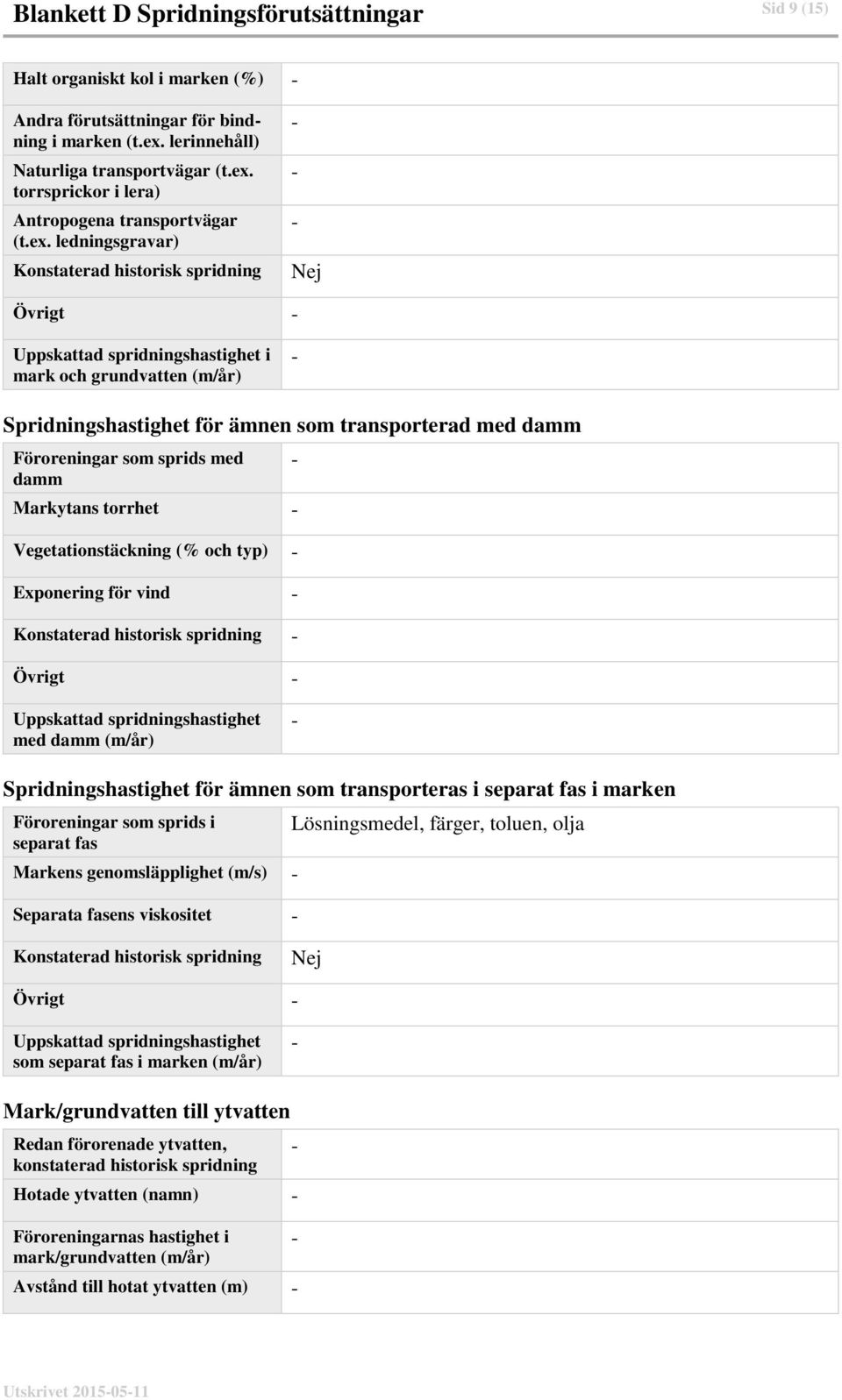 sprids med damm Markytans torrhet Vegetationstäckning (% och typ) Exponering för vind Konstaterad historisk spridning Övrigt Uppskattad spridningshastighet med damm (m/år) Spridningshastighet för