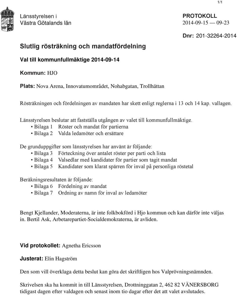 Bilaga 1 Röster och mandat för partierna Bilaga 2 Valda ledamöter och ersättare De grunduppgifter som länsstyrelsen har använt är följande: Bilaga 3 Förteckning över antalet röster per parti och