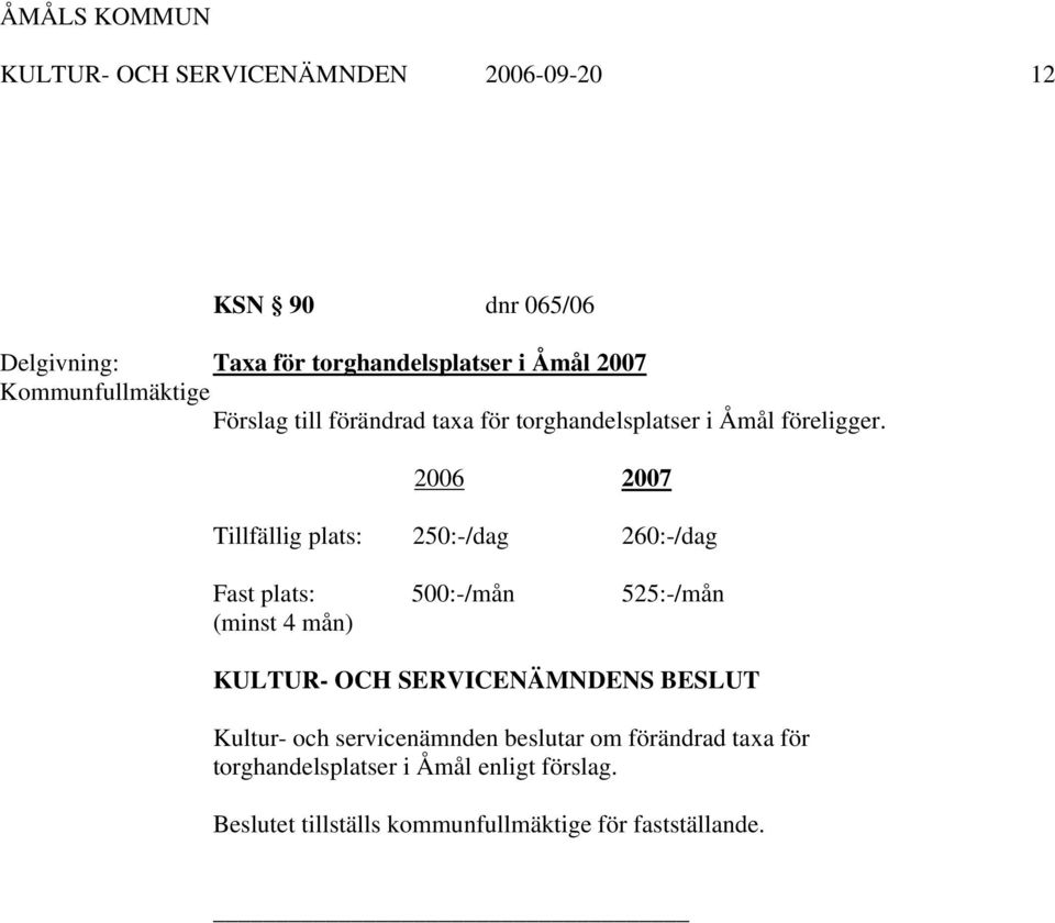 2006 2007 Tillfällig plats: 250:-/dag 260:-/dag Fast plats: 500:-/mån 525:-/mån (minst 4 mån) Kultur- och