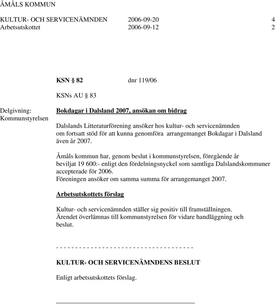 Åmåls kommun har, genom beslut i kommunstyrelsen, föregående år beviljat 19 600:- enligt den fördelningsnyckel som samtliga Dalslandskommuner accepterade för 2006.