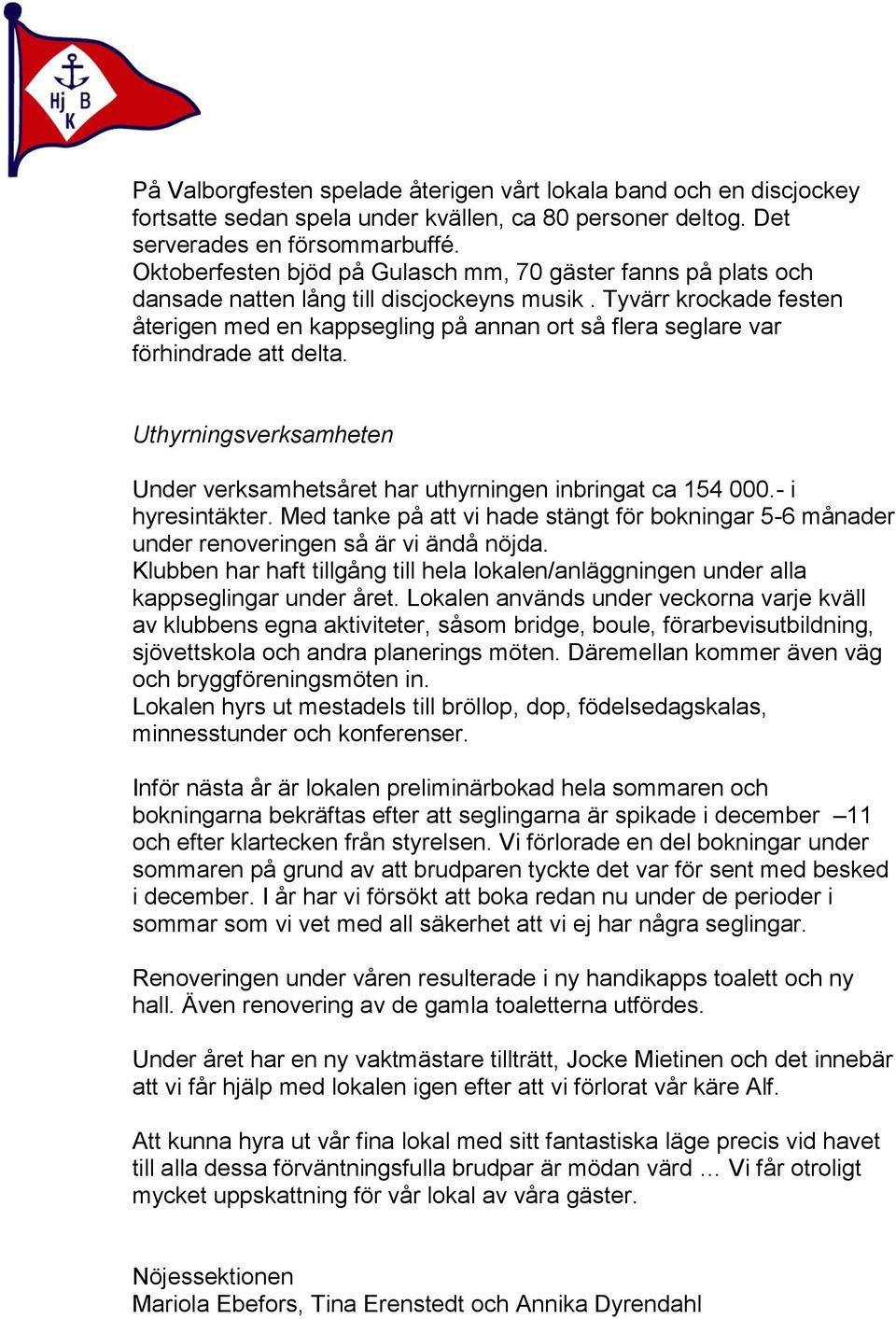 Tyvärr krockade festen återigen med en kappsegling på annan ort så flera seglare var förhindrade att delta. Uthyrningsverksamheten Under verksamhetsåret har uthyrningen inbringat ca 154 000.