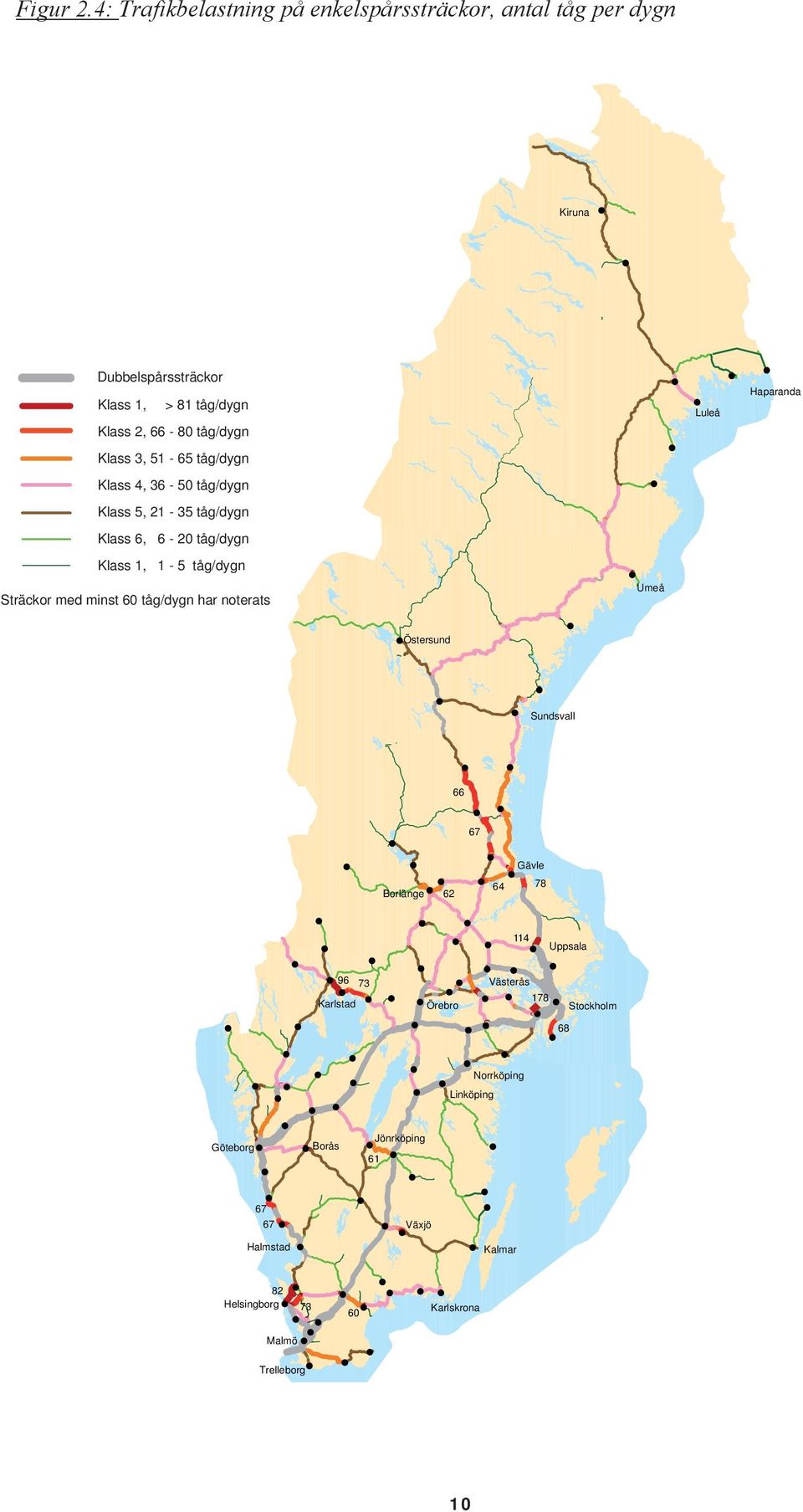 66-80 tåg/dygn Klass 3, 51-65 tåg/dygn Klass 4, 36-50 tåg/dygn Klass 5, 21-35 tåg/dygn Klass 6, 6-20 tåg/dygn Klass 1, 1-5 tåg/dygn Umeå