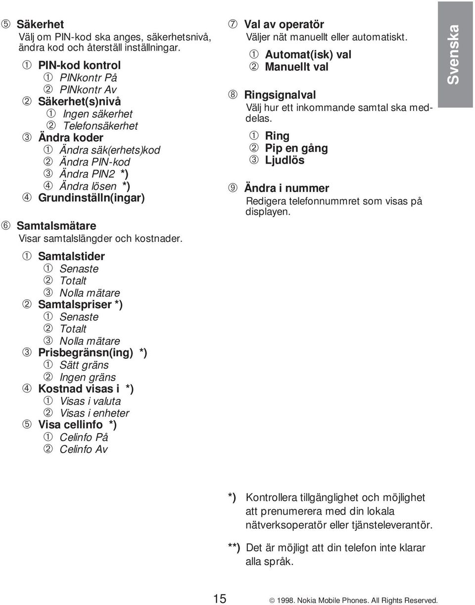 Grundinställn(ingar) ➅ Samtalsmätare Visar samtalslängder och kostnader.