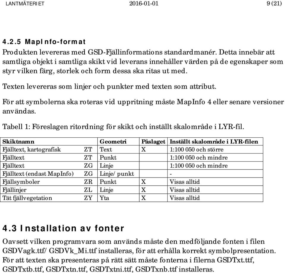 Texten levereras som linjer och punkter med texten som attribut. För att symbolerna ska roteras vid uppritning måste MapInfo 4 eller senare versioner användas.