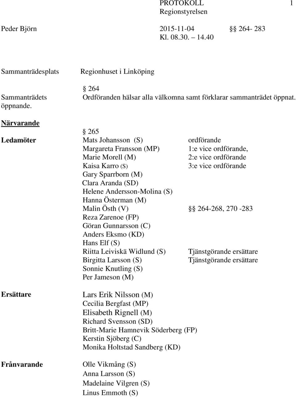 Aranda (SD) Helene Andersson-Molina (S) Hanna Österman (M) Malin Östh (V) 264-268, 270-283 Reza Zarenoe (FP) Göran Gunnarsson (C) Anders Eksmo (KD) Hans Elf (S) Riitta Leiviskä Widlund (S)