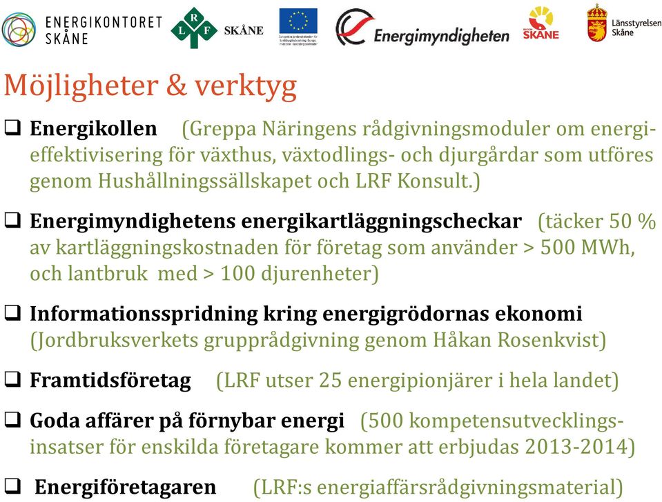 ) Energimyndighetens energikartläggningscheckar (täcker 50 % av kartläggningskostnaden för företag som använder > 500 MWh, och lantbruk med > 100 djurenheter)