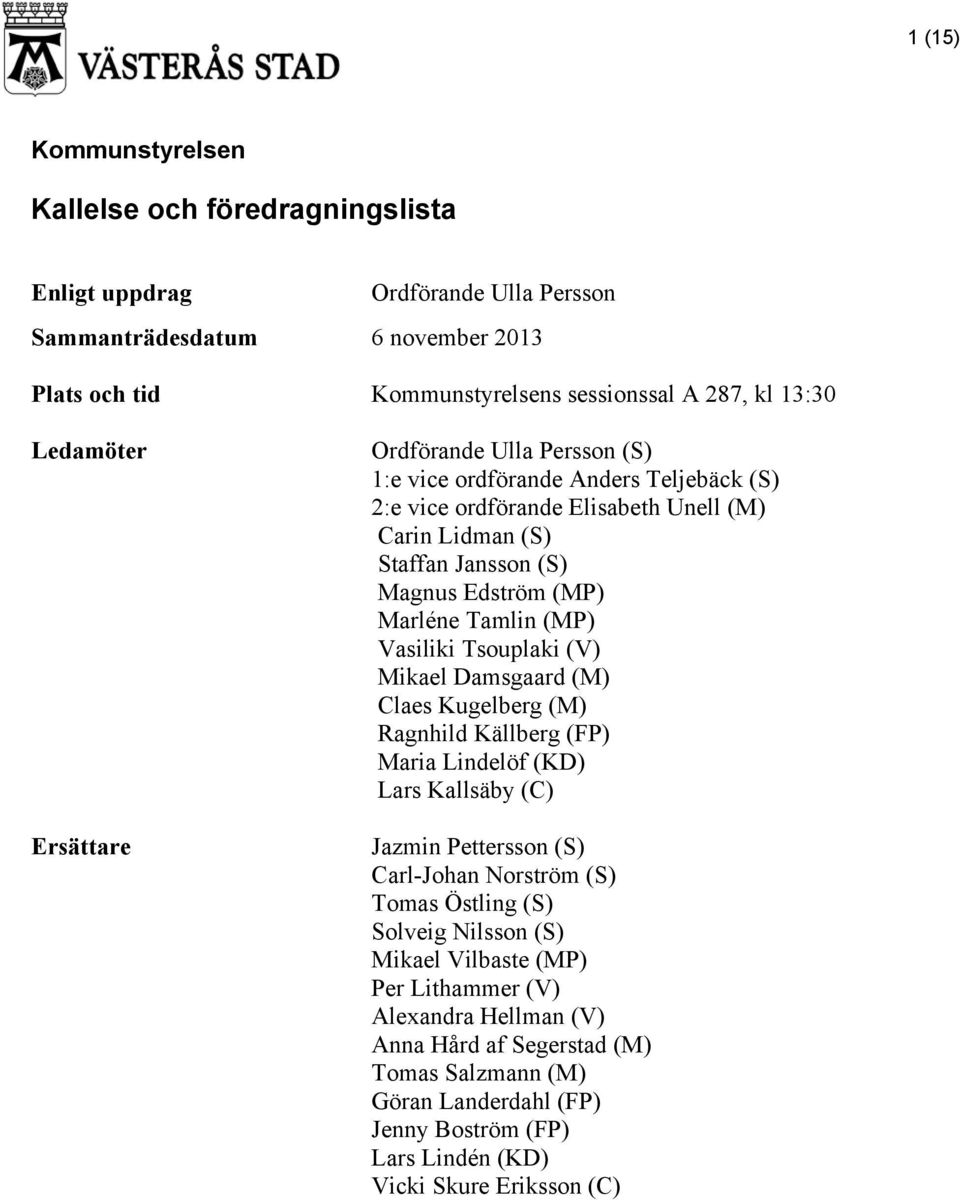 Vasiliki Tsouplaki (V) Mikael Damsgaard (M) Claes Kugelberg (M) Ragnhild Källberg (FP) Maria Lindelöf (KD) Lars Kallsäby (C) Jazmin Pettersson (S) Carl-Johan Norström (S) Tomas Östling (S) Solveig