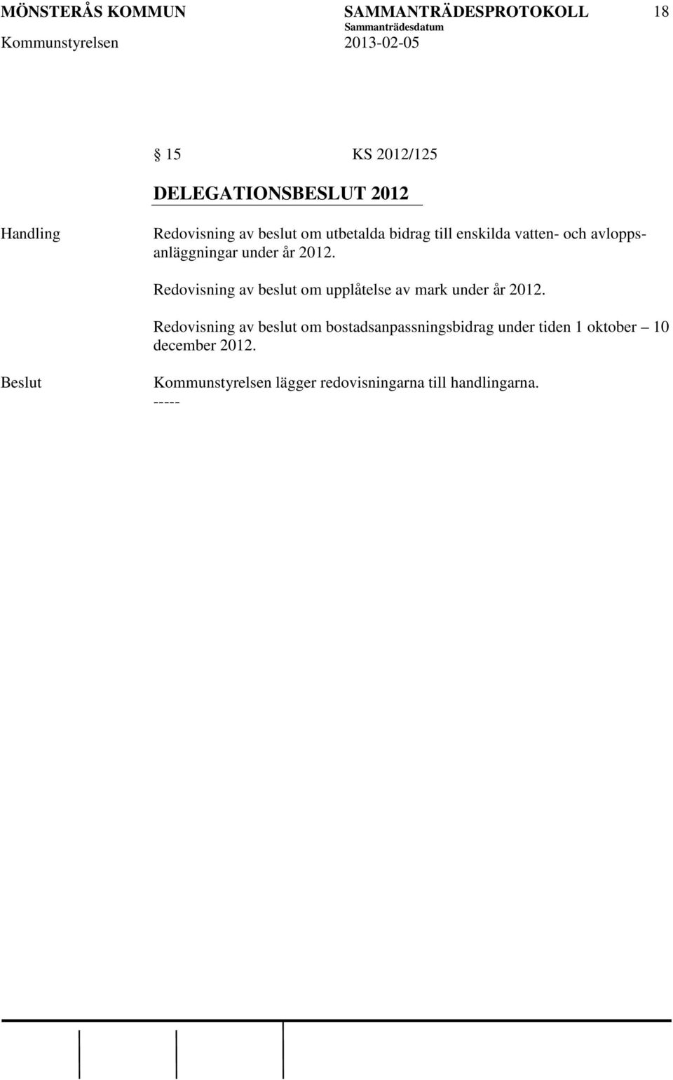 Redovisning av beslut om upplåtelse av mark under år 2012.