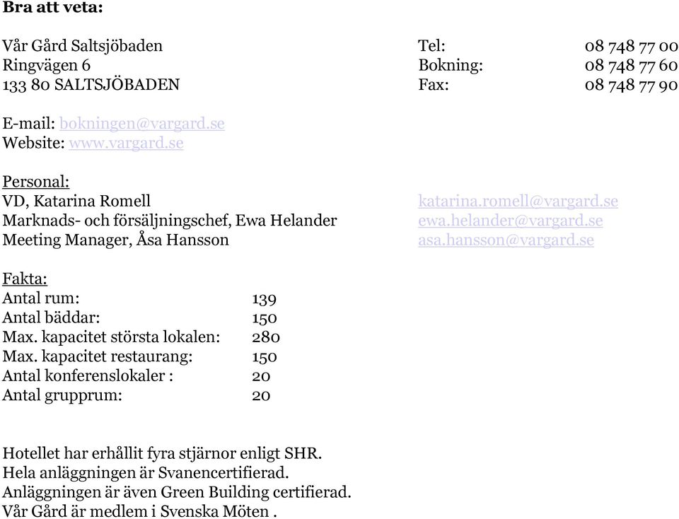 hansson@vargard.se Fakta: Antal rum: 139 Antal bäddar: 150 Max. kapacitet största lokalen: 280 Max.