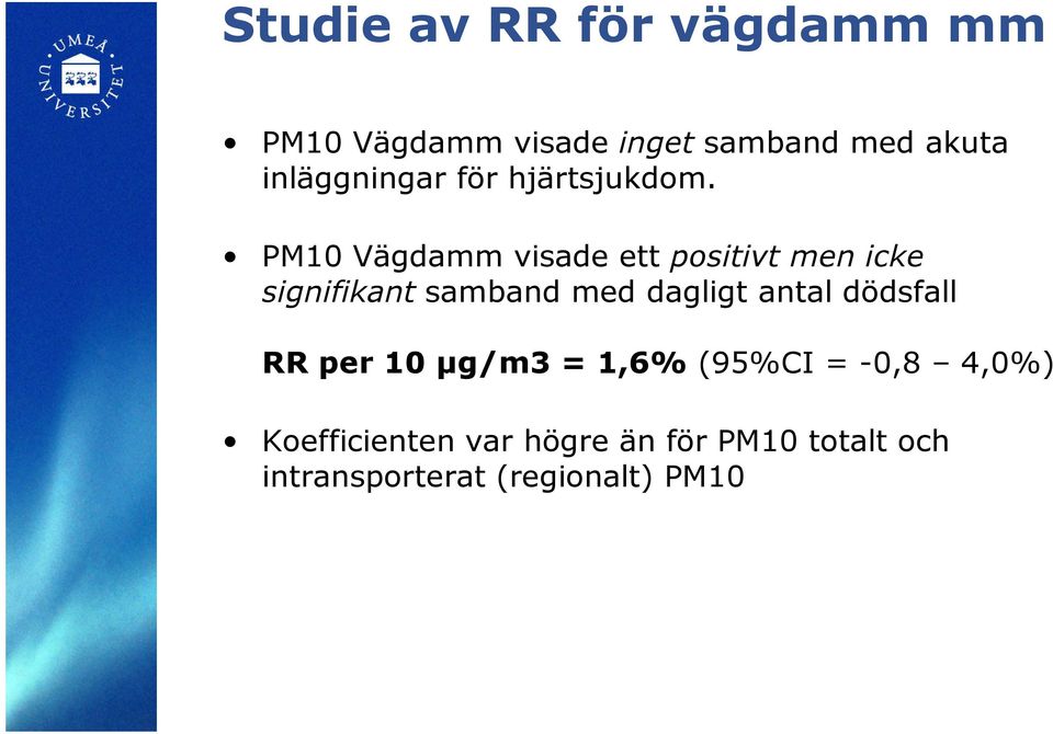 PM10 Vägdamm visade ett positivt men icke signifikant samband med dagligt