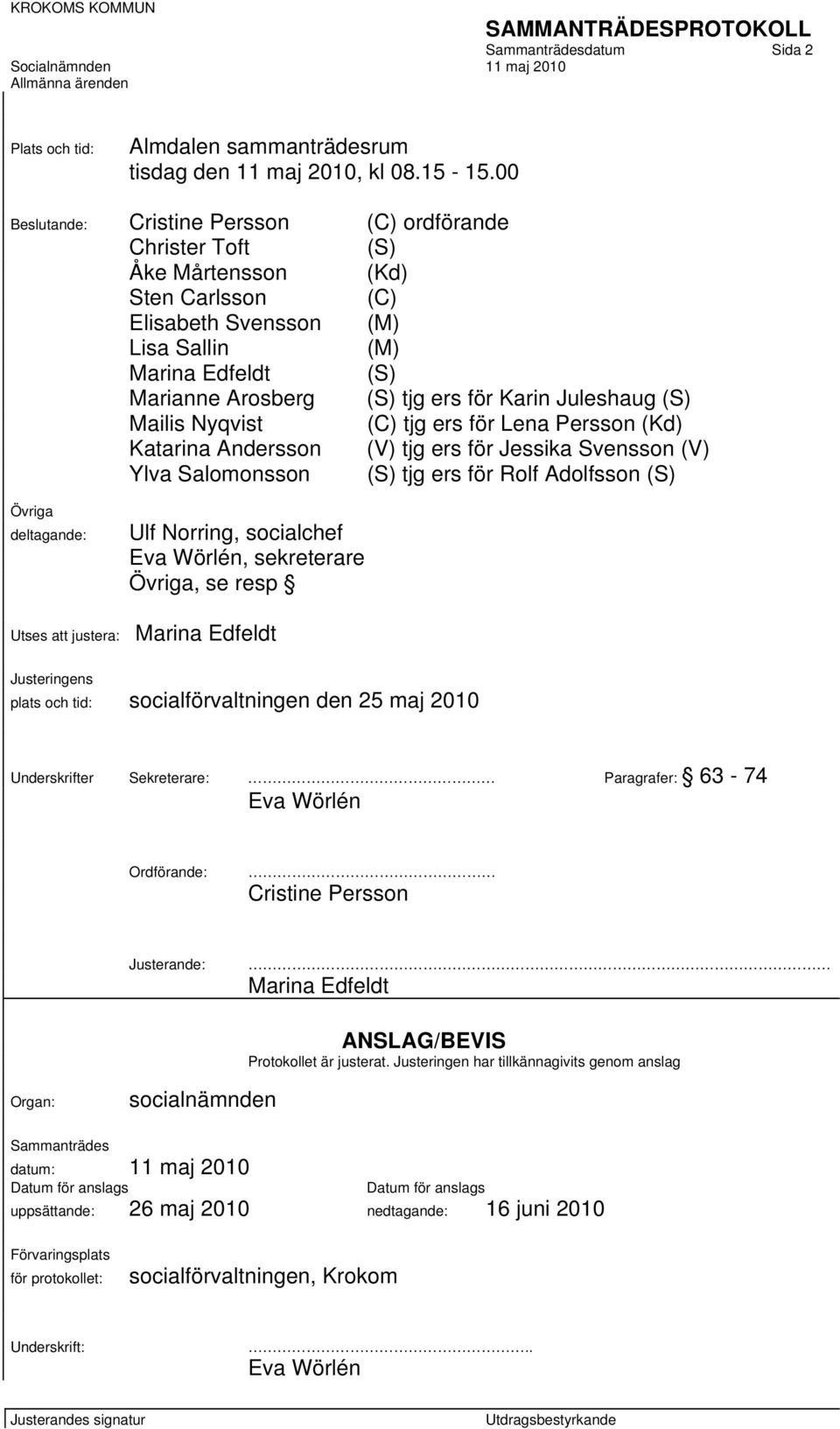 Karin Juleshaug (S) Mailis Nyqvist (C) tjg ers för Lena Persson (Kd) Katarina Andersson (V) tjg ers för Jessika Svensson (V) Ylva Salomonsson (S) tjg ers för Rolf Adolfsson (S) Övriga deltagande: Ulf