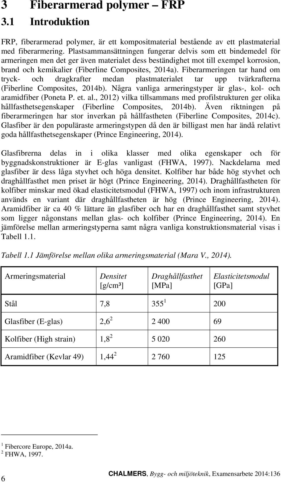 Fiberarmeringen tar hand om tryck- och dragkrafter medan plastmaterialet tar upp tvärkrafterna (Fiberline Composites, 2014b). Några vanliga armeringstyper är glas-, kol- och aramidfiber (Poneta P. et.