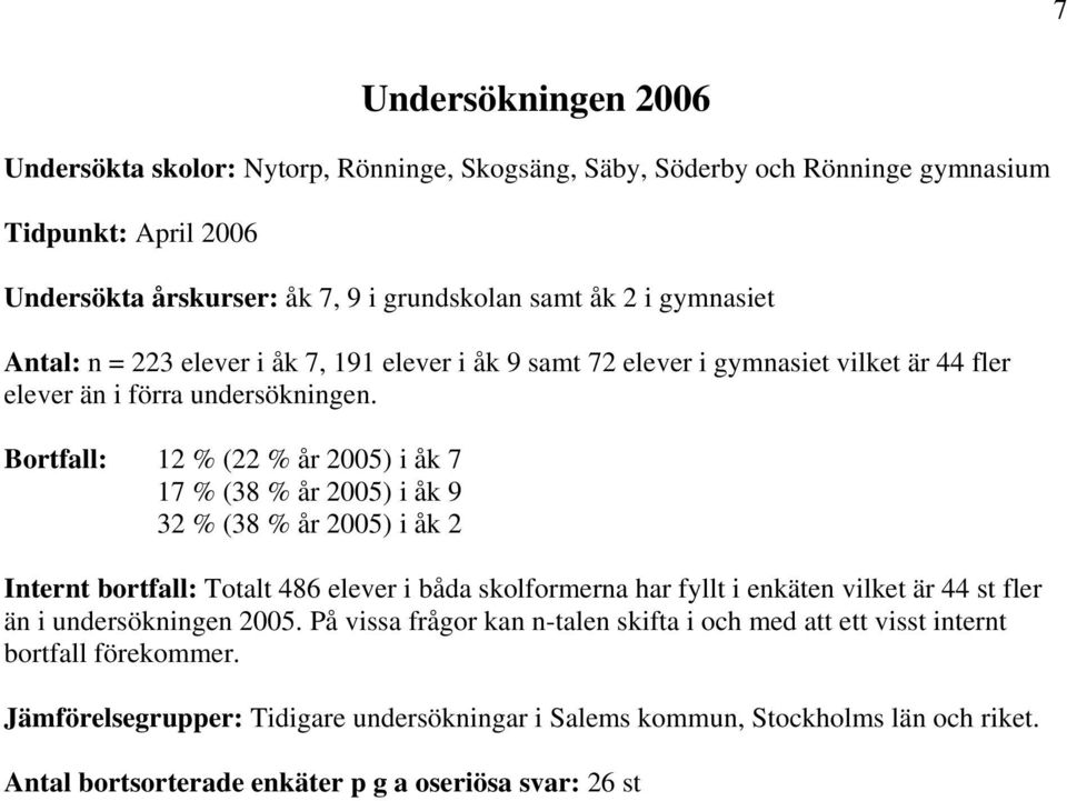 Bortfall: 12 % (22 % år 5) i åk 7 17 % (38 % år 5) i åk 9 32 % (38 % år 5) i åk 2 Internt bortfall: Totalt 8 elever i båda skolformerna har fyllt i enkäten vilket är st fler än i