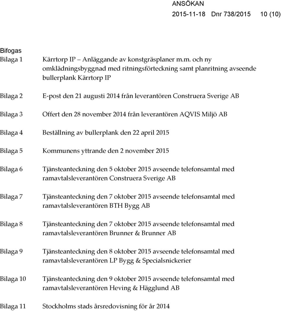 från leverantören AQVIS Miljö AB Bilaga 4 Beställning av bullerplank den 22 april 2015 Bilaga 5 Kommunens yttrande den 2 november 2015 Bilaga 6 Bilaga 7 Bilaga 8 Bilaga 9 Bilaga 10 Tjänsteanteckning