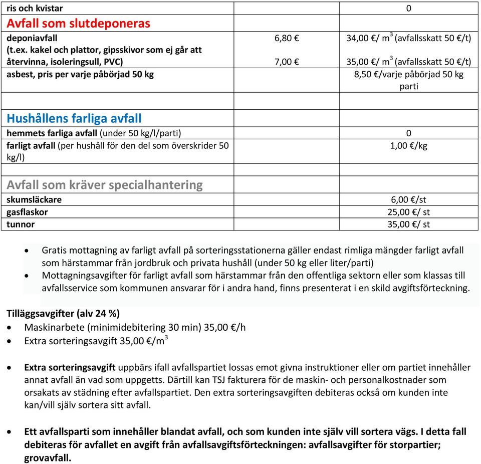 /varje påbörjad 50 kg parti Hushållens farliga avfall hemmets farliga avfall (under 50 kg/l/parti) 0 farligt avfall (per hushåll för den del som överskrider 50 1,00 /kg kg/l) Avfall som kräver