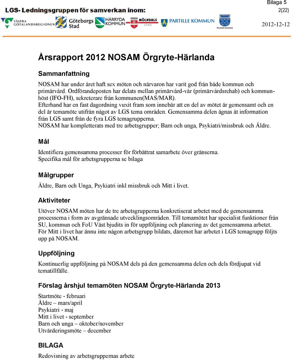 Efterhand har en fast dagordning vuxit fram som innebär att en del av mötet är gemensamt och en del är temamöte utifrån något av LGS tema områden.