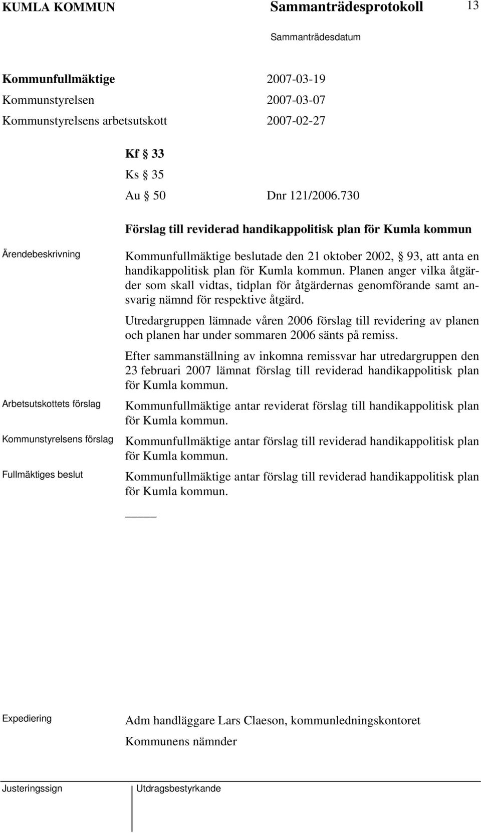 en handikappolitisk plan för Kumla kommun. Planen anger vilka åtgärder som skall vidtas, tidplan för åtgärdernas genomförande samt ansvarig nämnd för respektive åtgärd.