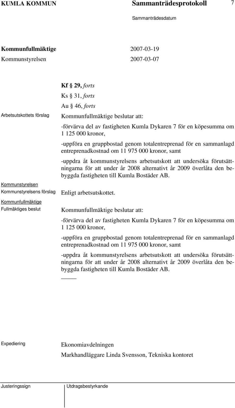 -uppdra åt kommunstyrelsens arbetsutskott att undersöka förutsättningarna för att under år 2008 alternativt år 2009 överlåta den bebyggda fastigheten till Kumla Bostäder AB.