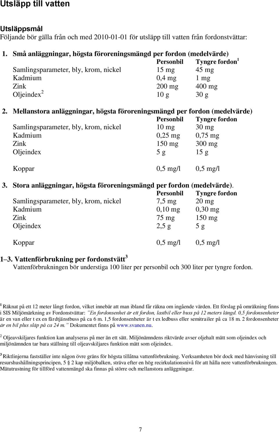 g 2. Mellanstora anläggningar, högsta föroreningsmängd per fordon (medelvärde) Personbil Tyngre fordon Samlingsparameter, bly, krom, nickel 10 mg 30 mg Kadmium 0,25 mg 0,75 mg Zink 150 mg 300 mg