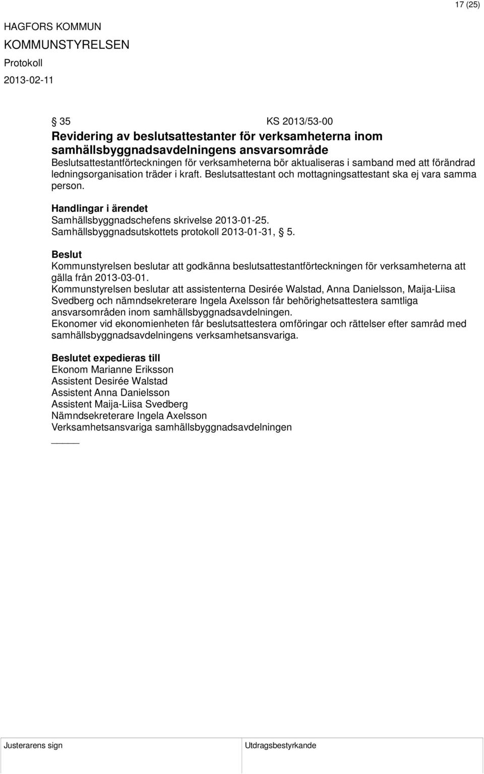 Samhällsbyggnadsutskottets protokoll 2013-01-31, 5. Kommunstyrelsen beslutar att godkänna beslutsattestantförteckningen för verksamheterna att gälla från 2013-03-01.