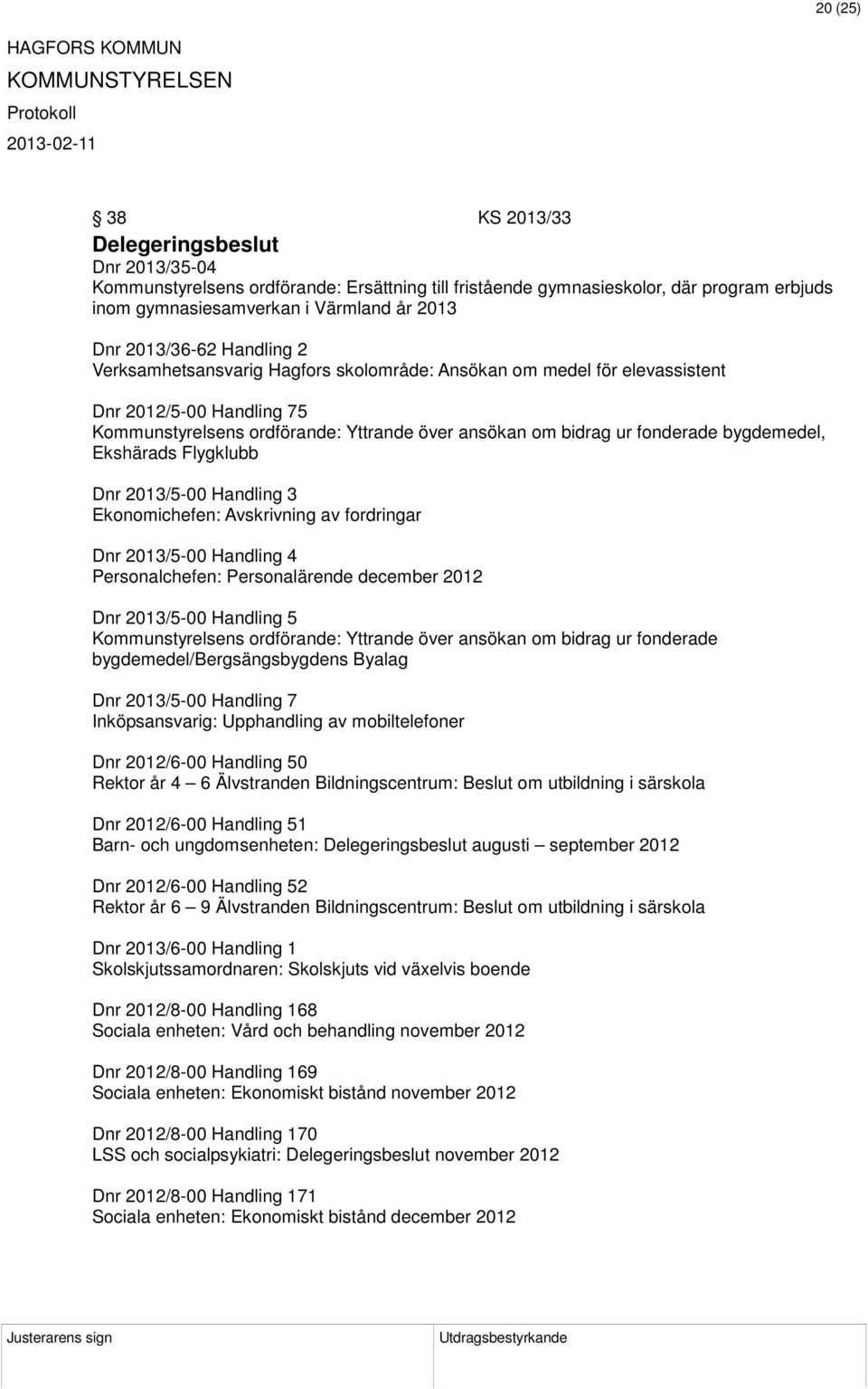 bygdemedel, Ekshärads Flygklubb Dnr 2013/5-00 Handling 3 Ekonomichefen: Avskrivning av fordringar Dnr 2013/5-00 Handling 4 Personalchefen: Personalärende december 2012 Dnr 2013/5-00 Handling 5