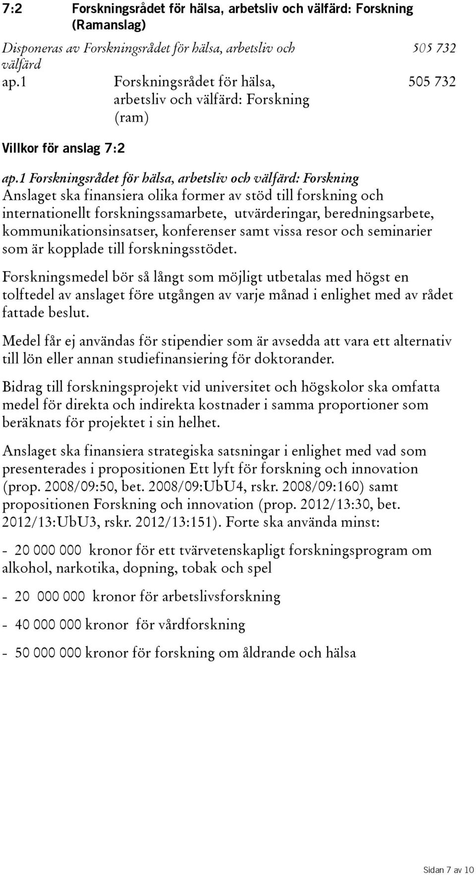 1 Forskningsrådet för hälsa, arbetsliv och välfärd: Forskning Anslaget ska finansiera olika former av stöd till forskning och internationellt forskningssamarbete, utvärderingar, beredningsarbete,