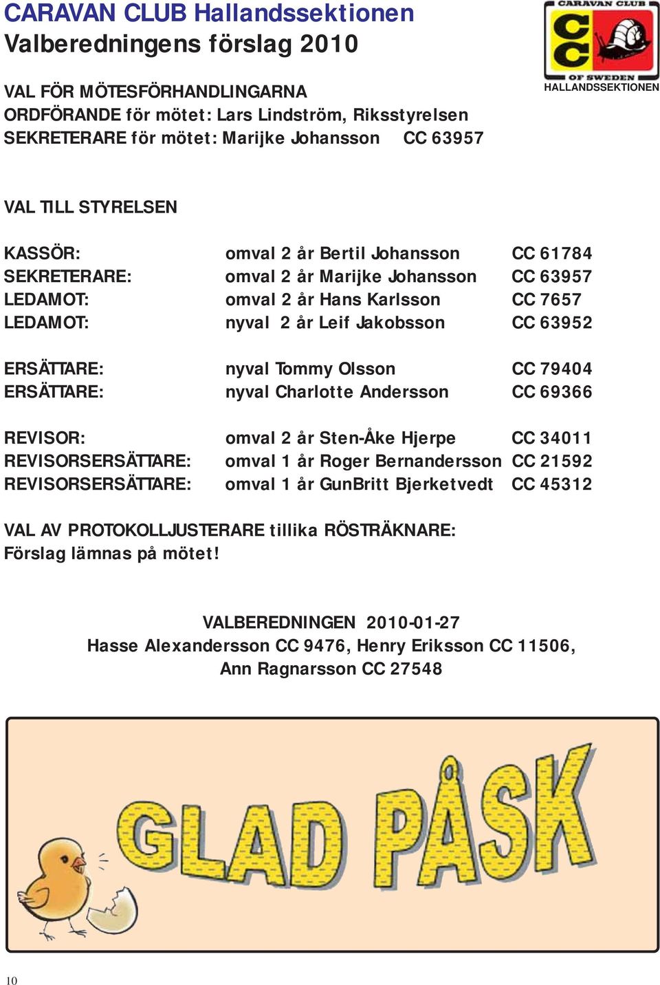 Jakobsson CC 63952 ERSÄTTARE: nyval Tommy Olsson CC 79404 ERSÄTTARE: nyval Charlotte Andersson CC 69366 REVISOR: omval 2 år Sten-Åke Hjerpe CC 34011 REVISORSERSÄTTARE: omval 1 år Roger Bernandersson