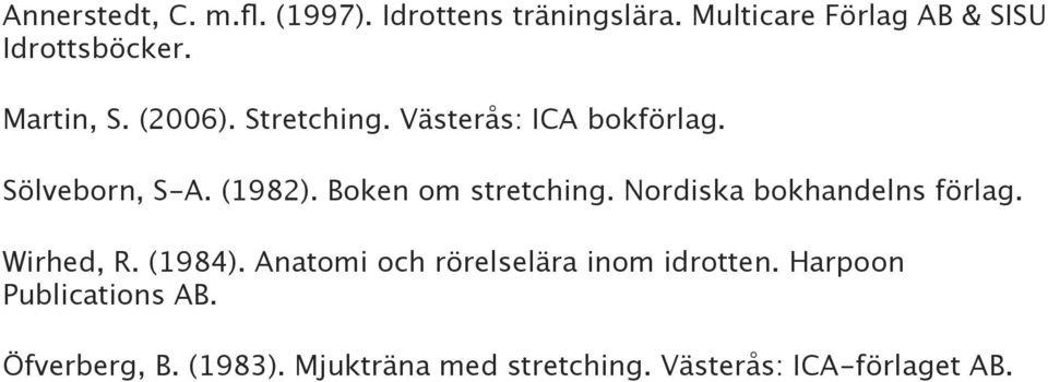 Boken om stretching. Nordiska bokhandelns förlag. Wirhed, R. (1984).