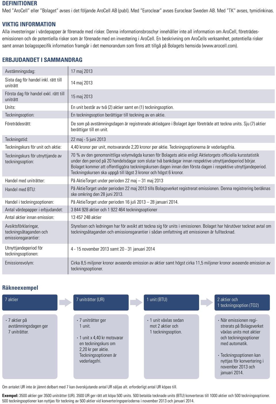 Denna informationsbroschyr innehåller inte all information om AroCell, företrädesemissionen och de potentiella risker som är förenade med en investering i AroCell.