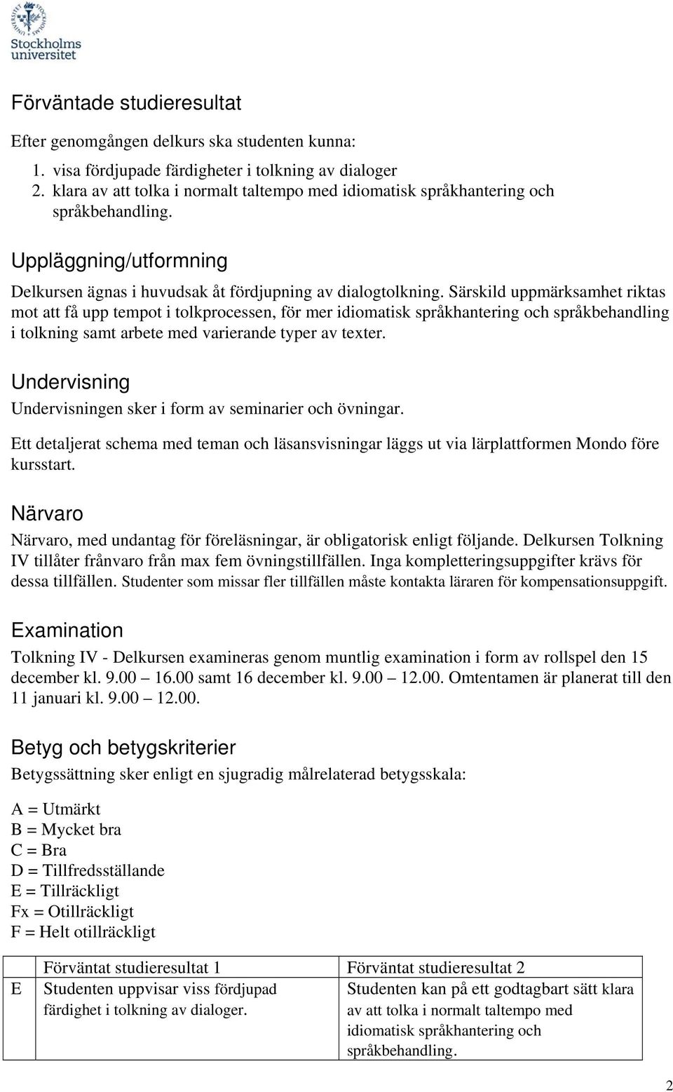 Särskild uppmärksamhet riktas mot att få upp tempot i tolkprocessen, för mer idiomatisk språkhantering och språkbehandling i tolkning samt arbete med varierande typer av texter.