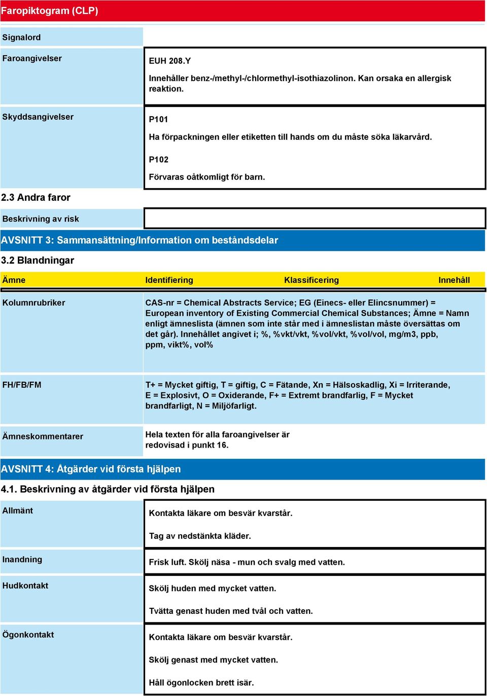 3 Andra faror Beskrivning av risk AVSNITT 3: Sammansättning/Information om beståndsdelar 3.