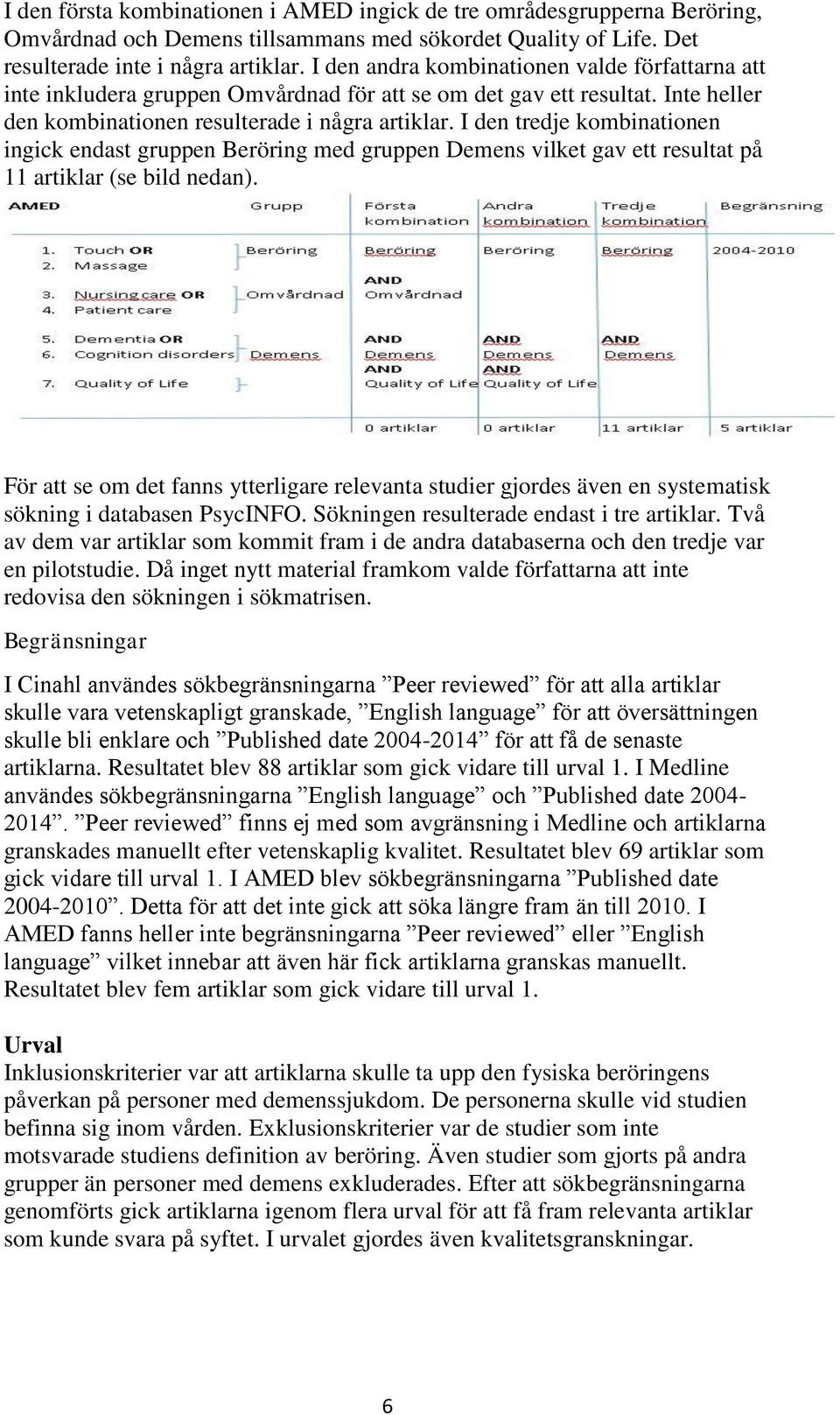 I den tredje kombinationen ingick endast gruppen Beröring med gruppen Demens vilket gav ett resultat på 11 artiklar (se bild nedan).