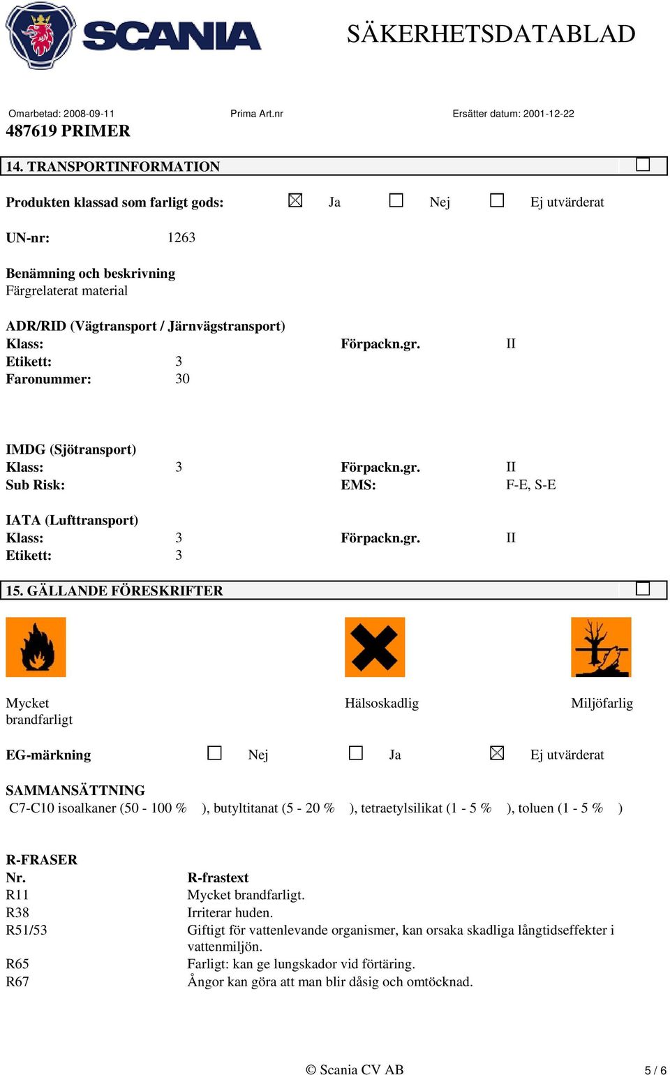 GÄLLANDE FÖRESKRIFTER Mycket brandfarligt Hälsoskadlig Miljöfarlig EG-märkning Nej Ja Ej utvärderat SAMMANSÄTTNING C7-C10 isoalkaner (50-100 % ), butyltitanat (5-20 % ), tetraetylsilikat (1-5 % ),