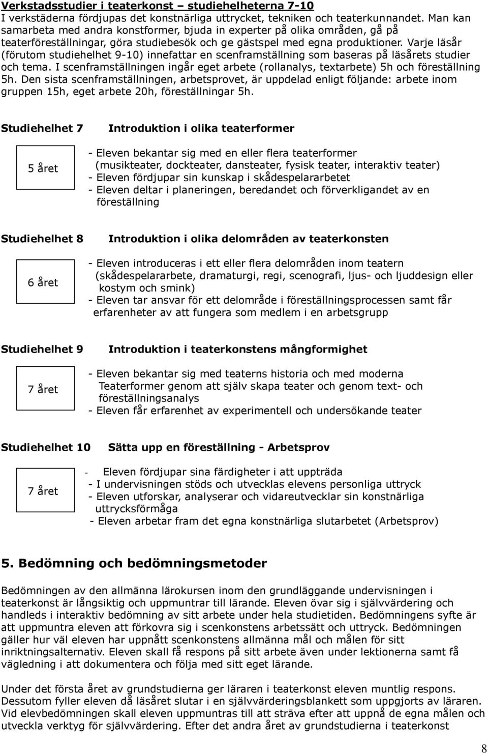 Varje läsår (förutom studiehelhet 9-10) innefattar en scenframställning som baseras på läsårets studier och tema.
