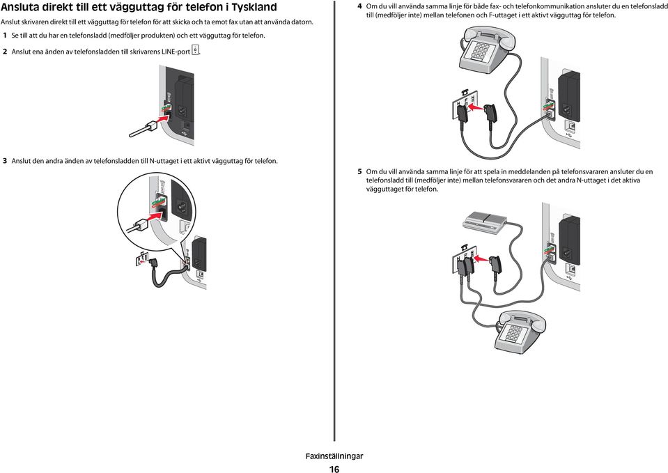 4 Om du vill använda samma linje för både fax- och telefonkommunikation ansluter du en telefonsladd till (medföljer inte) mellan telefonen och F-uttaget i ett aktivt vägguttag för telefon.