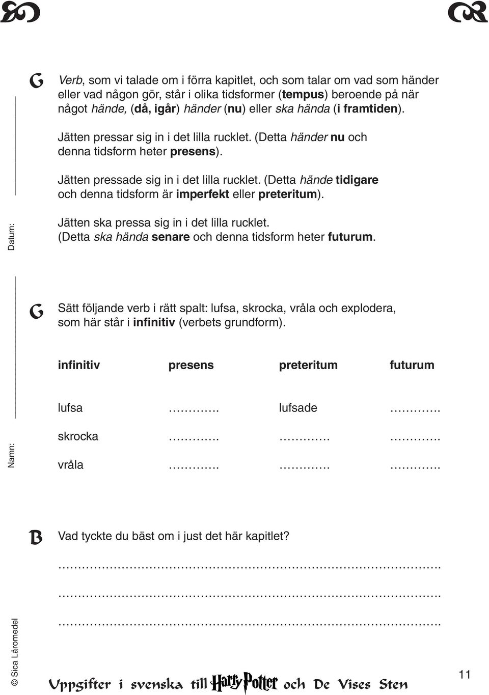 (Detta hände tidigare och denna tidsform är imperfekt eller preteritum). Jätten ska pressa sig in i det lilla rucklet. (Detta ska hända senare och denna tidsform heter futurum.